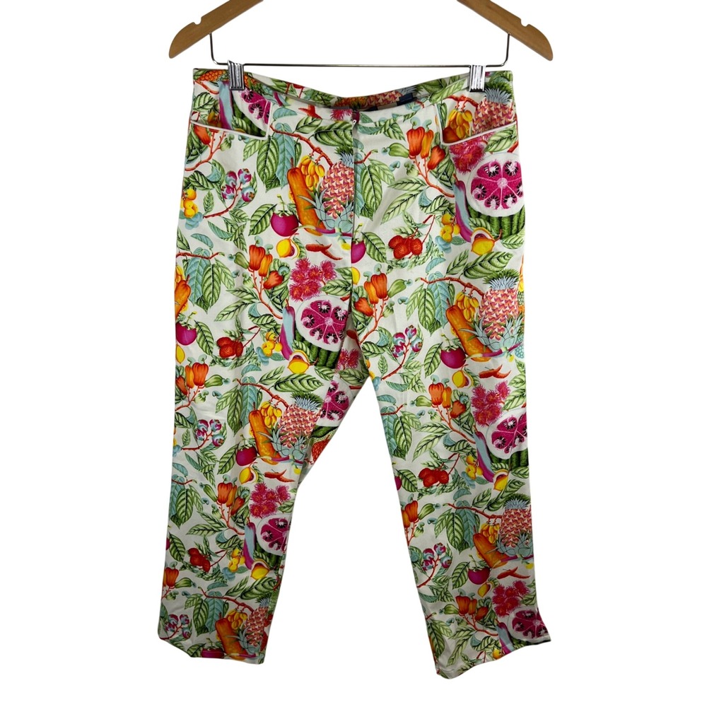Bushwacker Womens Tropical Fruit Print Cotton Stretch Crop Pants White Multi 8